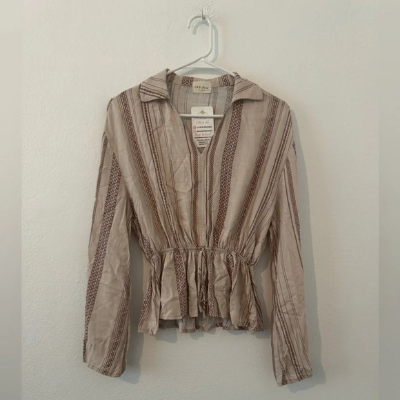143 Story Lead Me On Tie Top Cream Stripe Long Sleeve Boho Size Small NWT - Picture 1 of 8